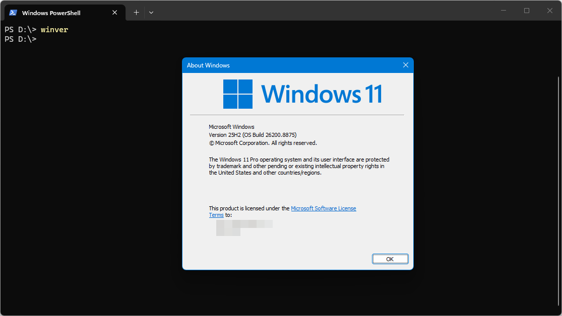 Jendela About Windows — tampilan winver yang menampilkan versi Windows dan OS Build