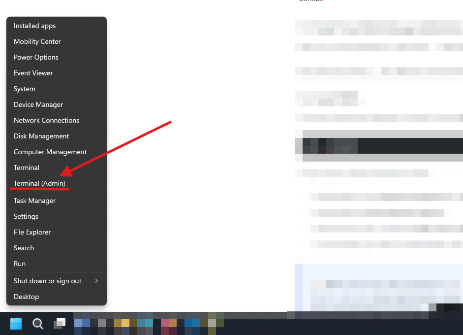 Start Menu klik kanan — opsi Windows PowerShell (Admin) atau Terminal (Admin)