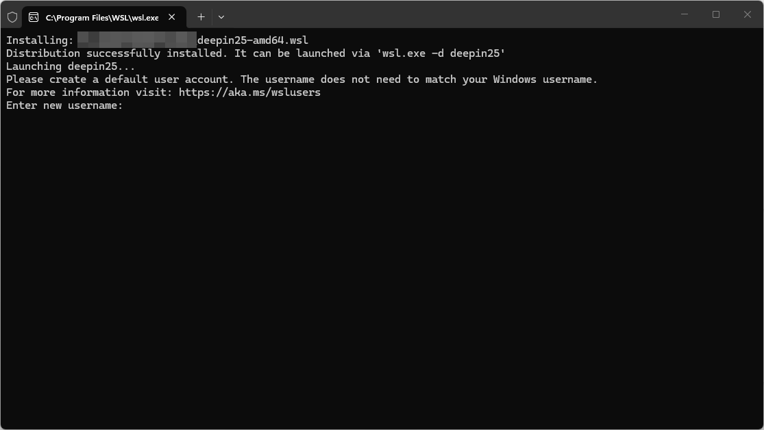 Terminal — proses instalasi WSL dan input username