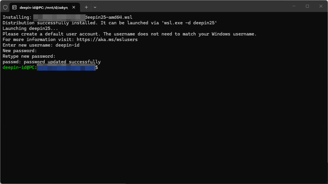 Terminal — berhasil masuk ke deepin 25 WSL setelah setup