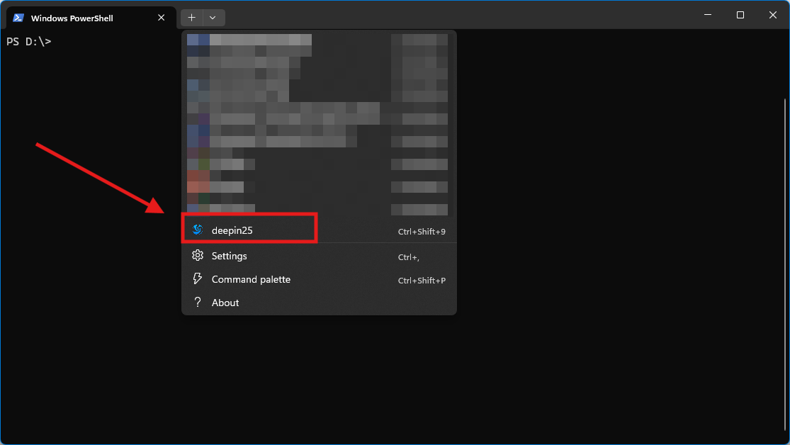 Windows Terminal — dropdown pilihan distro dengan deepin25