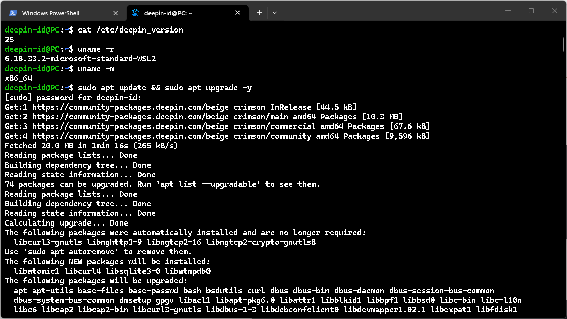 Terminal deepin 25 WSL — login pertama dengan output cat /etc/deepin-version dan uname -r