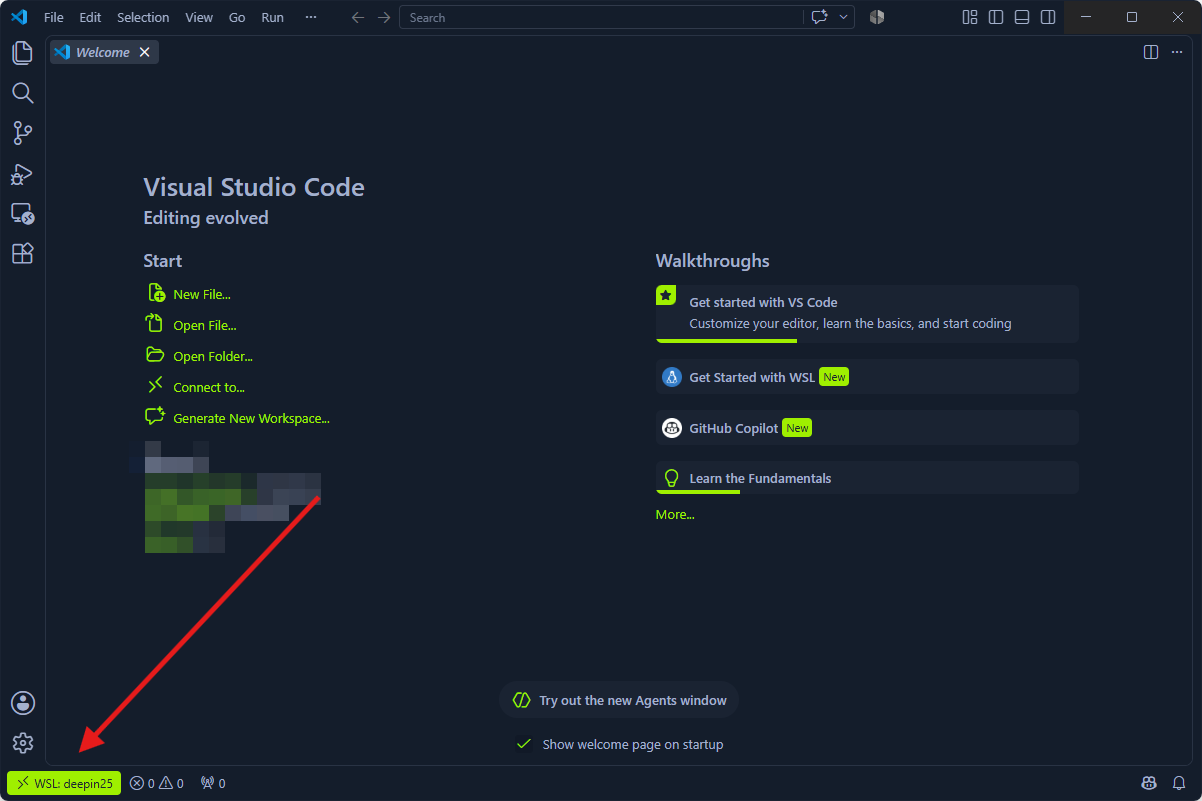 VS Code — indicator Remote WSL: deepin25 di pojok kiri bawah
